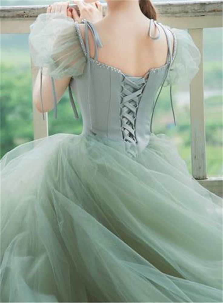 A line Short Sleeves Green Satin Tulle Long Prom Dress C1056