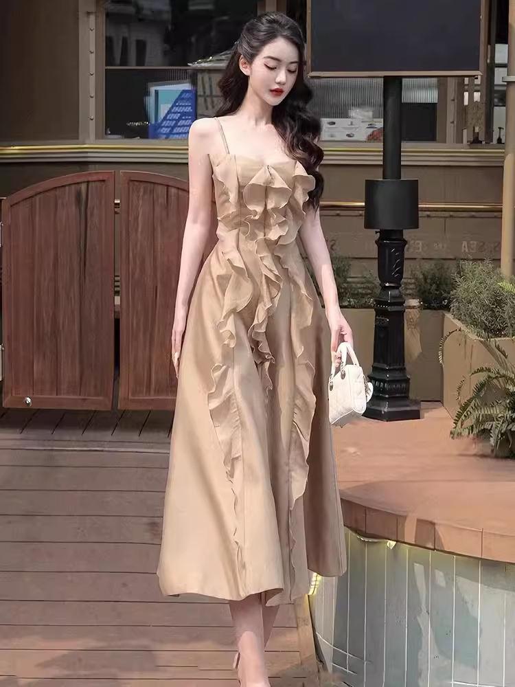 C1075 A Line Straps Sleeveless Chiffon Champagne Prom Dress C1075 – BlingDress