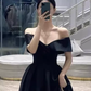 Simple A line Off The Shoulder Satin Black Long Prom Dresses C107