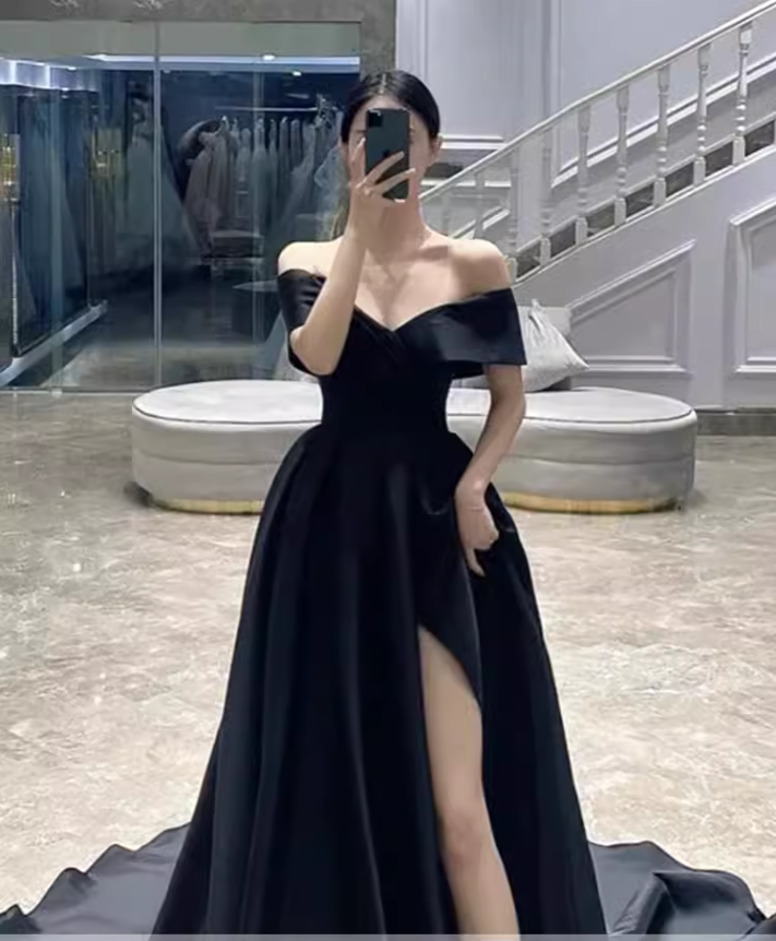 Simple A line Off The Shoulder Satin Black Long Prom Dresses C107
