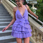 Unique A line Pleated V-neck Lilac Homecoming Dresses With Ruffle Skirt C1083