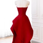 Modest Mermaid Strapless Red Satin Long Prom Dresses C10