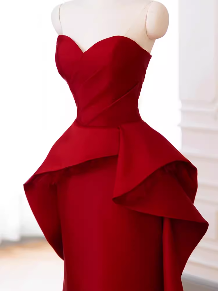 Modest Mermaid Strapless Red Satin Long Prom Dresses C10