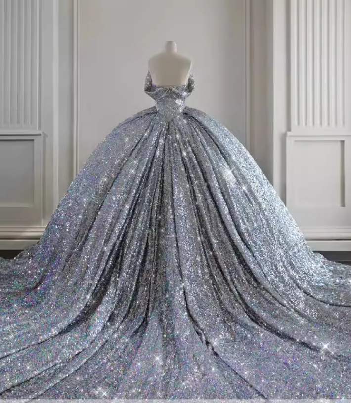 Ball Gown Strapless Sequin Silver Long Prom Dresses C110 – BlingDress