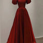 Elegant Satin A Line Ankle-length Short Sleeve Prom Dress with Ruching C1148