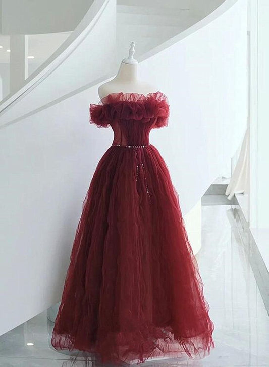 Vintage A line Off The Shoulder Burgundy Tulle Evening Dress Prom Dresses C1156