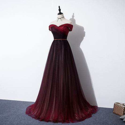 Vintage A line Off The Shoulder Burgundy Tulle Evening Dress Prom Dress C1157