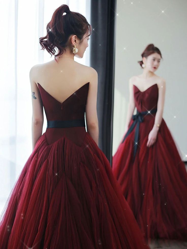 Vintage Ball Gown Strapless Burgundy Tulle Evening Dress Prom Dress C1158