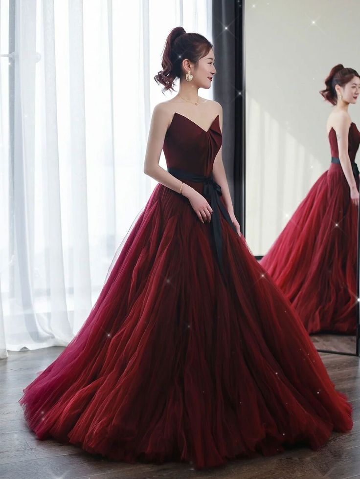 Vintage Ball Gown Strapless Burgundy Tulle Evening Dress Prom Dress C1158