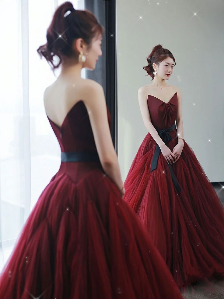 Vintage Ball Gown Strapless Burgundy Tulle Evening Dress Prom Dress C1158