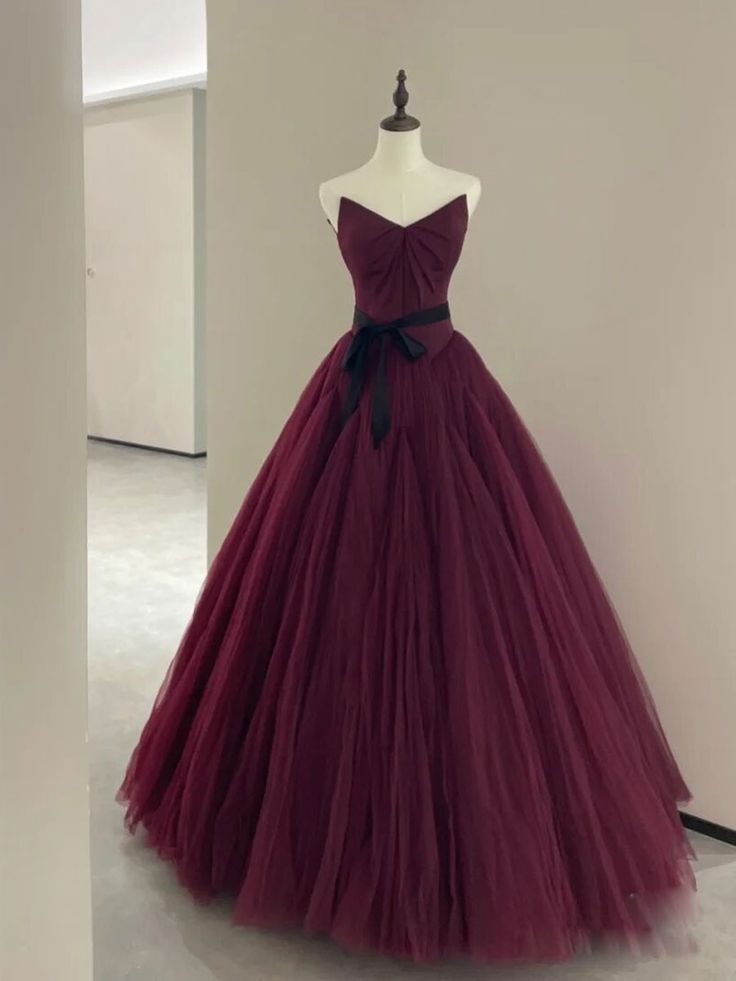 Vintage Ball Gown Strapless Burgundy Tulle Evening Dress Prom Dress C1158