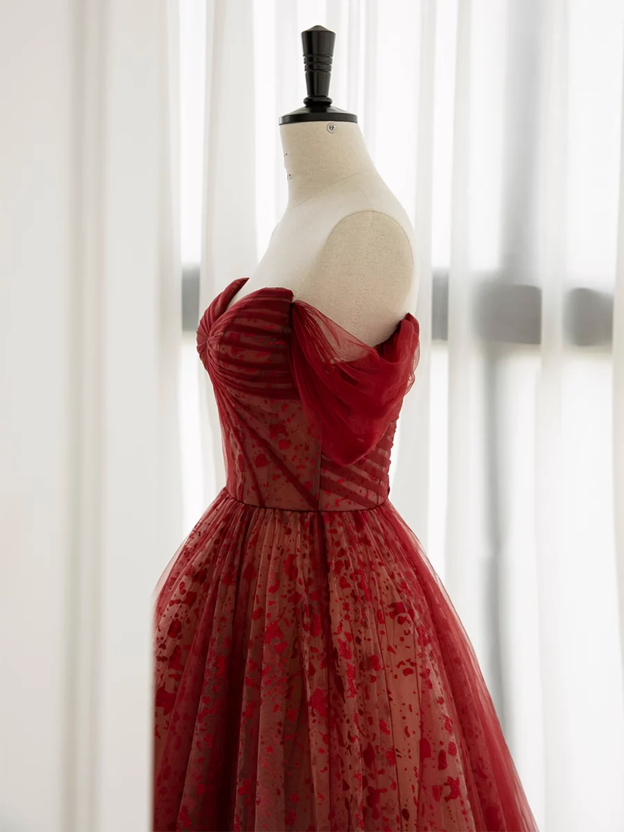 Vintage A line Off The Shoulder Burgundy Tulle Evening Dress Prom Dress C1161