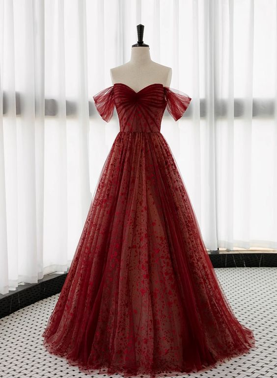 Vintage A line Off The Shoulder Burgundy Tulle Evening Dress Prom Dress C1161