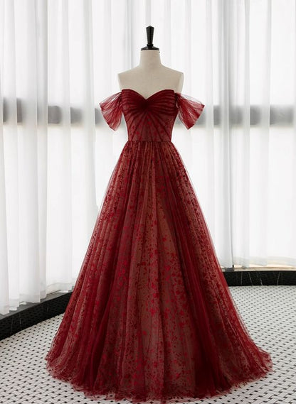 Vintage A line Off The Shoulder Burgundy Tulle Evening Dress Prom Dress C1161