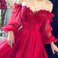 Cute A Line Long Sleeves Red Burgundy Tulle Ankle Length Prom Dress C1169