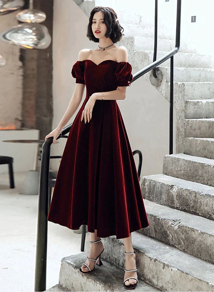 Vintage A Line Off The Shoulder Burgundy Velvet Evening Dress Prom Dress C1170