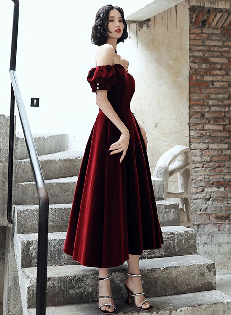 Vintage A Line Off The Shoulder Burgundy Velvet Evening Dress Prom Dress C1170