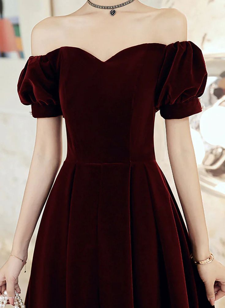 Vintage A Line Off The Shoulder Burgundy Velvet Evening Dress Prom Dress C1170