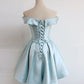 Vintage Off Shoulder Blue Short Homecoming Party Dress 18th Birthday Outfits C1184