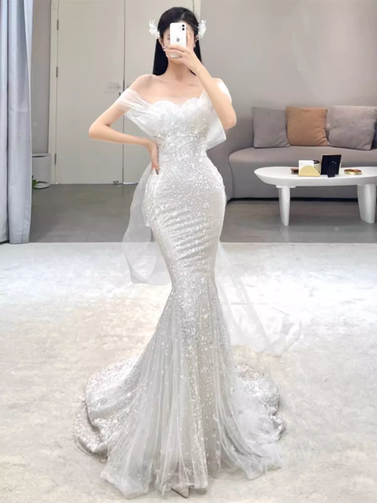 Fairytale Mermaid Off The Shoulder Long Sequin White Wedding Dresses C1231