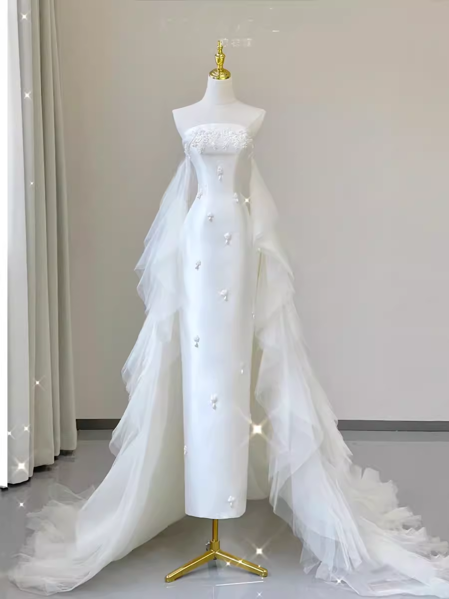 Fairytale Mermaid Strapless Satin White Wedding Dresses C1236 – BlingDress