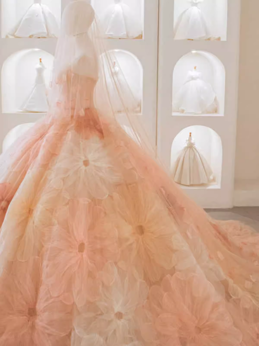 Robe de bal de conte de fées sans bretelles en dentelle rose robes de mariée florales C1237