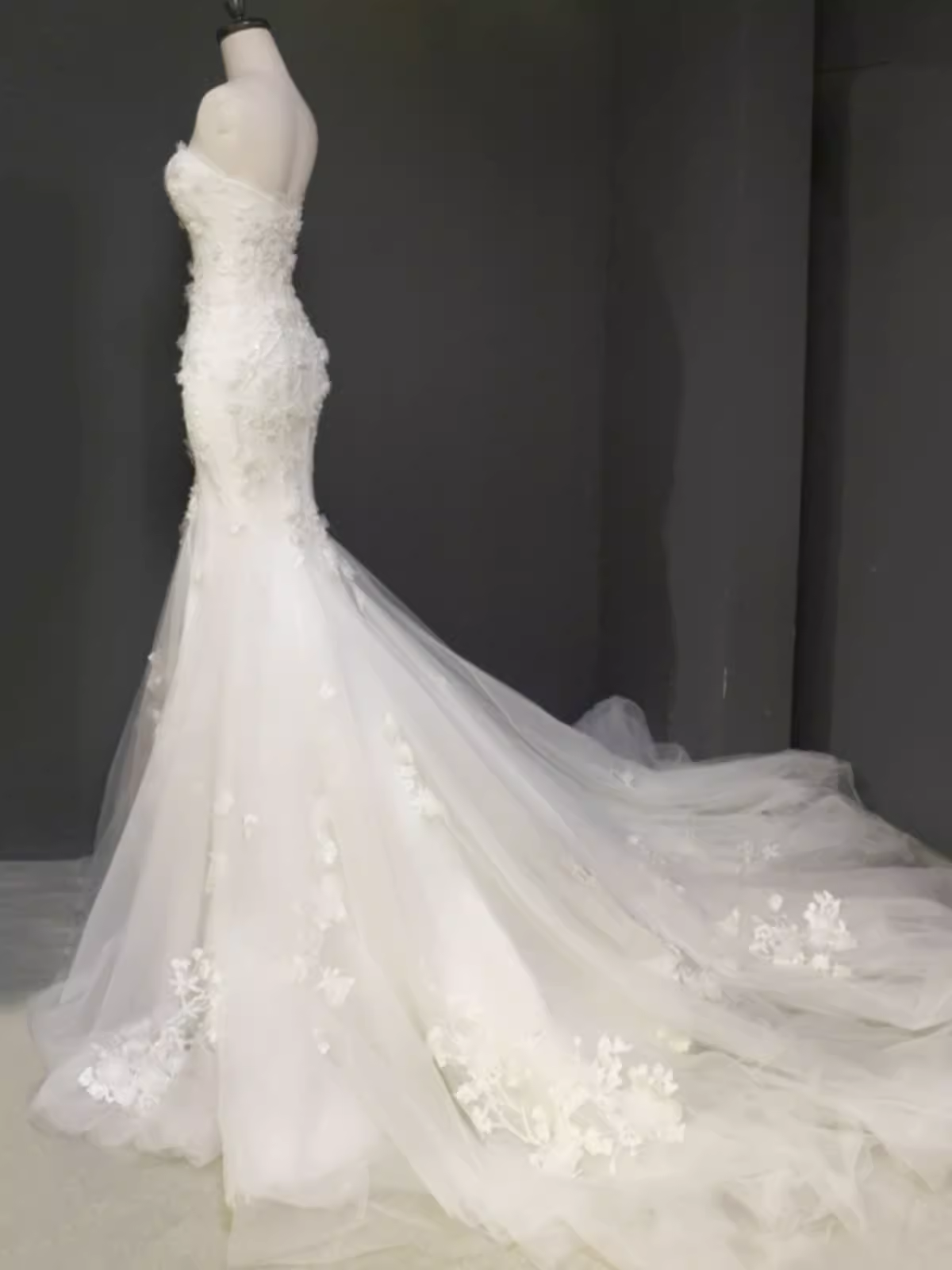 Fairytale Mermaid Strapless Lace White Floral Wedding Dresses C1238
