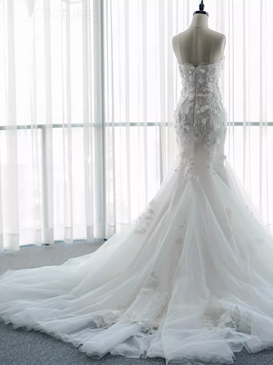 Fairytale Mermaid Strapless Lace White Floral Wedding Dresses C1238