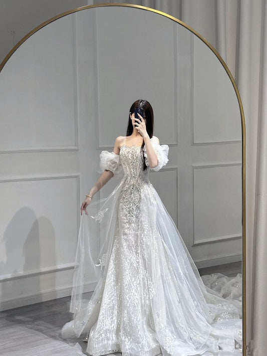 Robe de mariée sirène de conte de fées, manches courtes, épaules dénudées, paillettes, blanche, C1244