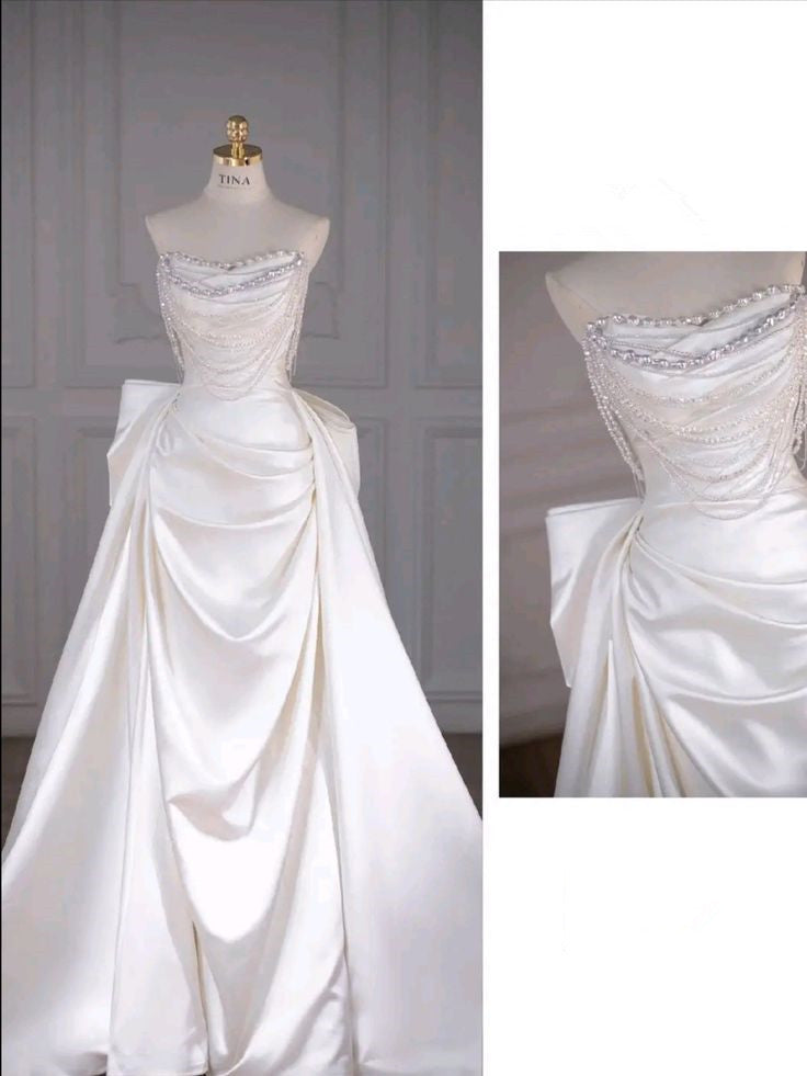 Robe de mariée longue en satin blanc sans bretelles sirène de conte de fées C1246