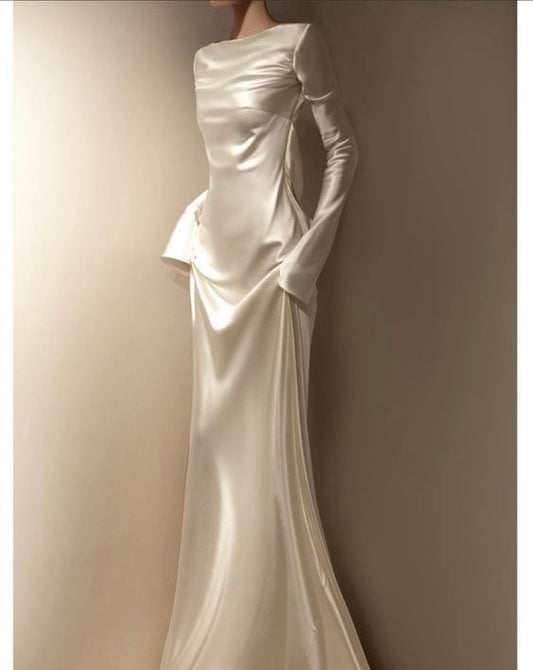 Conte de fées sirène encolure dégagée manches longues robe de mariée longue en satin C1248