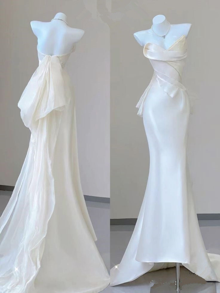 Conte de fées sirène chérie Satin blanc longues robes de mariée robe de mariée C1251