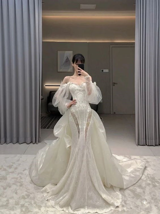 Robe de mariée sirène de luxe, épaules dénudées, en Satin blanc, longue dentelle, robe de mariée, C1252