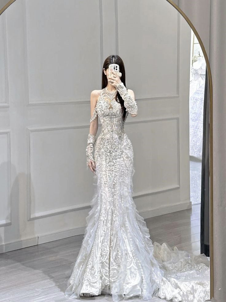 Luxury Mermaid Scoop Neckline Sequin White Long Sleeves Wedding Dresses Brides Gown C1254