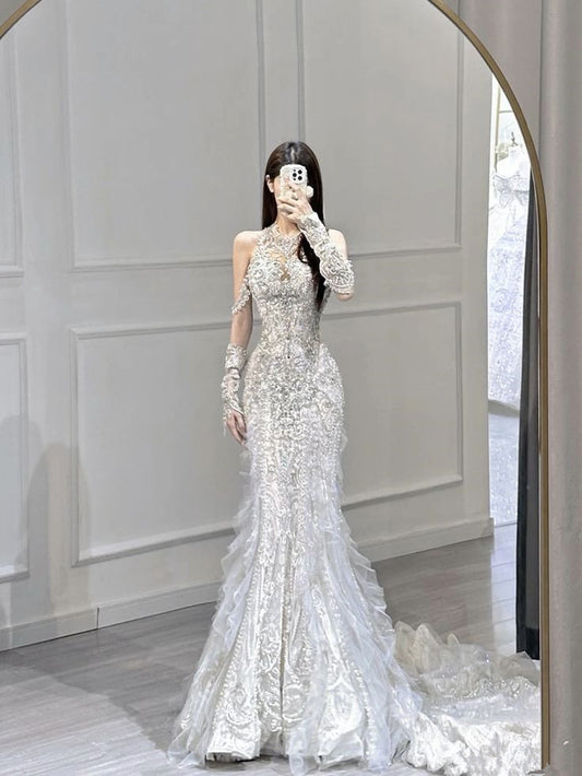 Luxe sirène encolure dégagée paillettes blanc manches longues robes de mariée robe de mariée C1254
