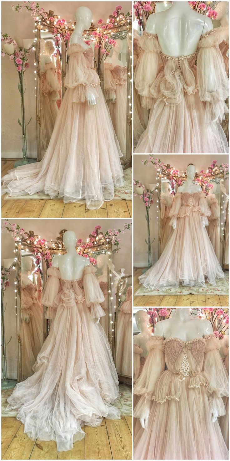 Fairytale A line Off The Shoulder Long Sleeves Pink Tulle Wedding Dress C1257