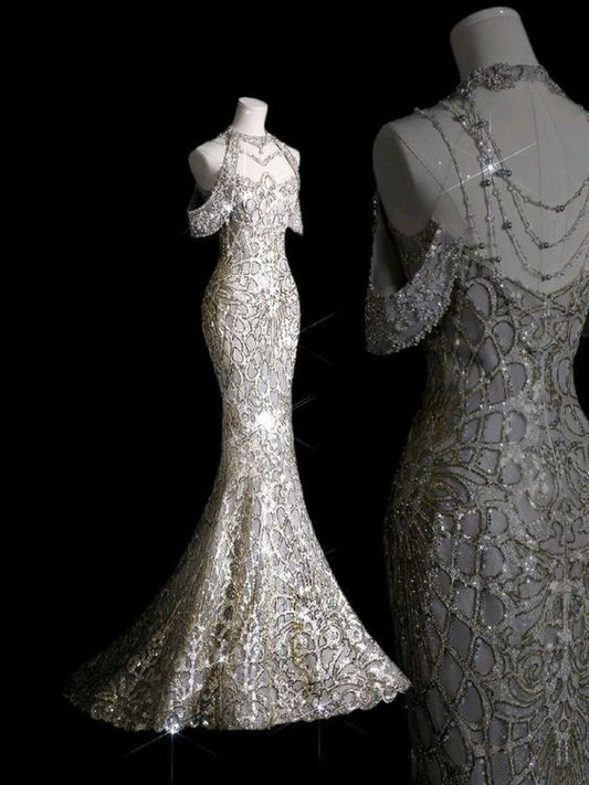 Robe de mariée sirène de conte de fées à col haut et paillettes argentées avec perles C1259
