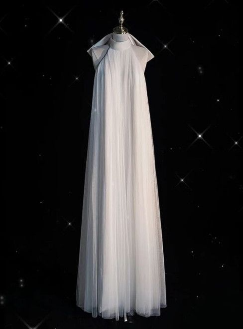 Robe de mariée blanche en tulle à col haut et coupe trapèze de conte de fées C1266