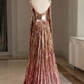 Sexy A Line Straps Neckline Long Sleeves Sequin Long Prom Dress C126