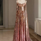 Sexy A Line Straps Neckline Long Sleeves Sequin Long Prom Dress C126