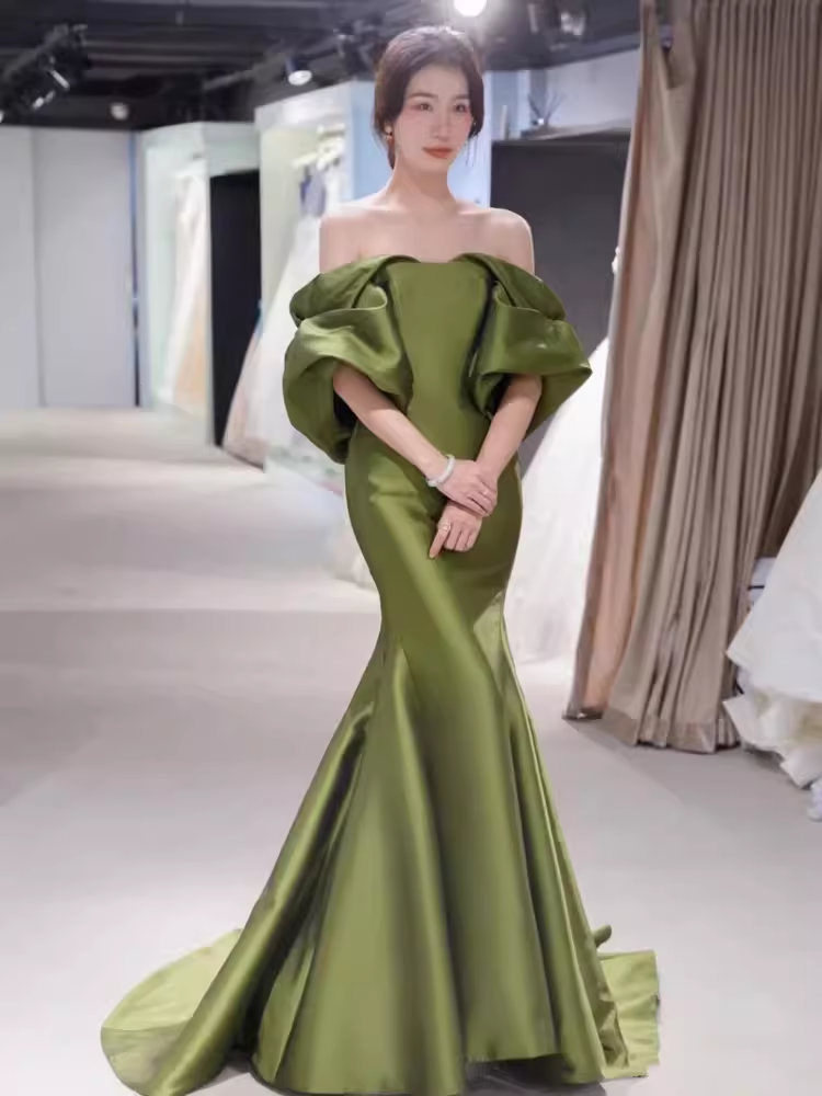 Sexy Mermaid Off The Shoulder Short Sleeves Green Long Prom Dress C128