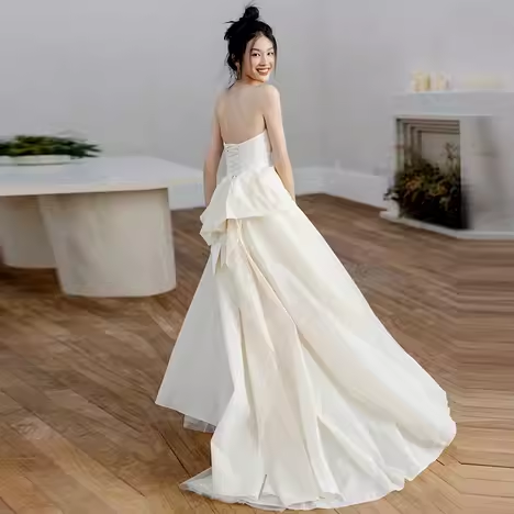 Vintage A Line Strapless Slit White Satin Wedding Dresses C132