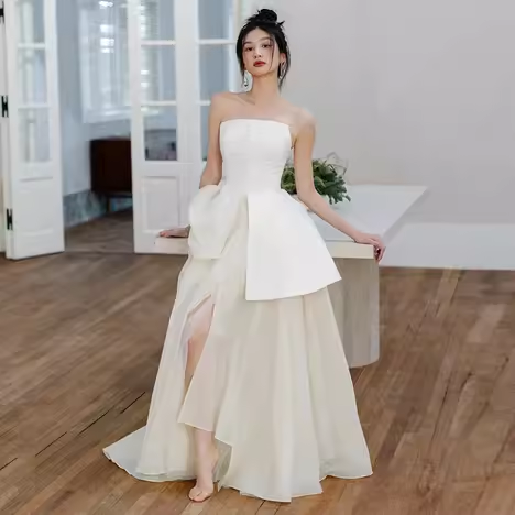 Vintage A Line Strapless Slit White Satin Wedding Dresses C132