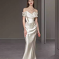 Robes de mariée en satin blanc simple sirène à épaules dénudées C137