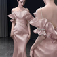 Bretelles sirène modestes robes de bal longues en satin rose C13