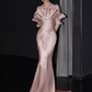 Bretelles sirène modestes robes de bal longues en satin rose C13