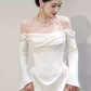 Simple Mermaid Off The Shoulder Long Sleeves White Satin Wedding Dresses C142