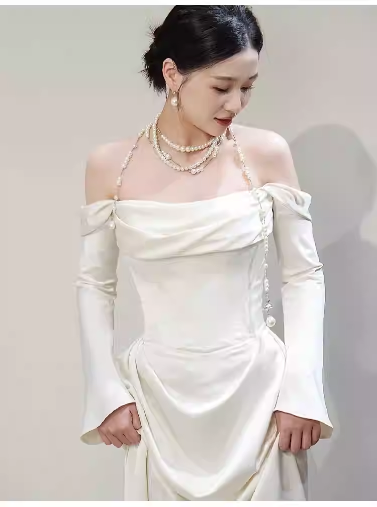 Simple Mermaid Off The Shoulder Long Sleeves White Satin Wedding Dresses C142