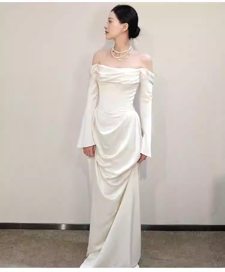 Simple Mermaid Off The Shoulder Long Sleeves White Satin Wedding Dresses C142