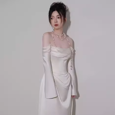Simple Mermaid Off The Shoulder Long Sleeves White Satin Wedding Dresses C142